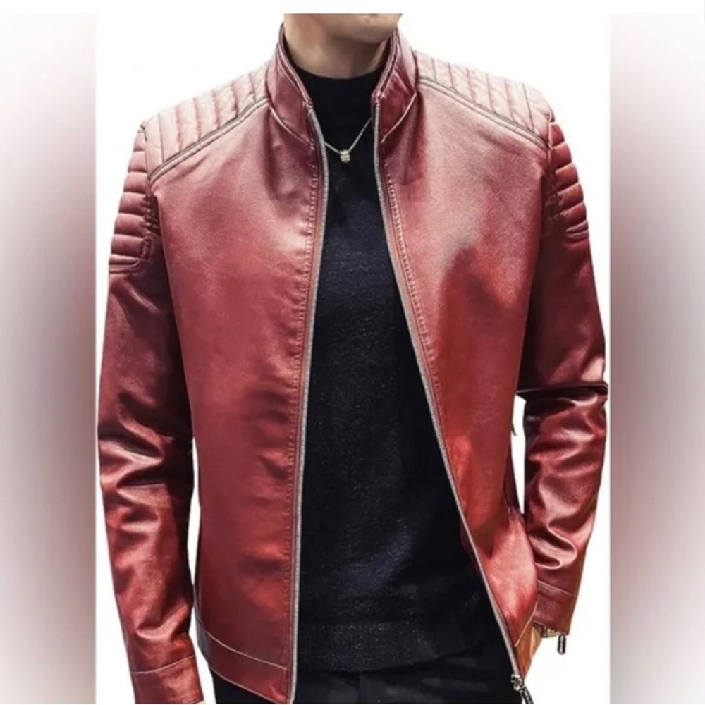 0207 Mens Casual Stand Collar Slim Fit Faux Leather Jacket